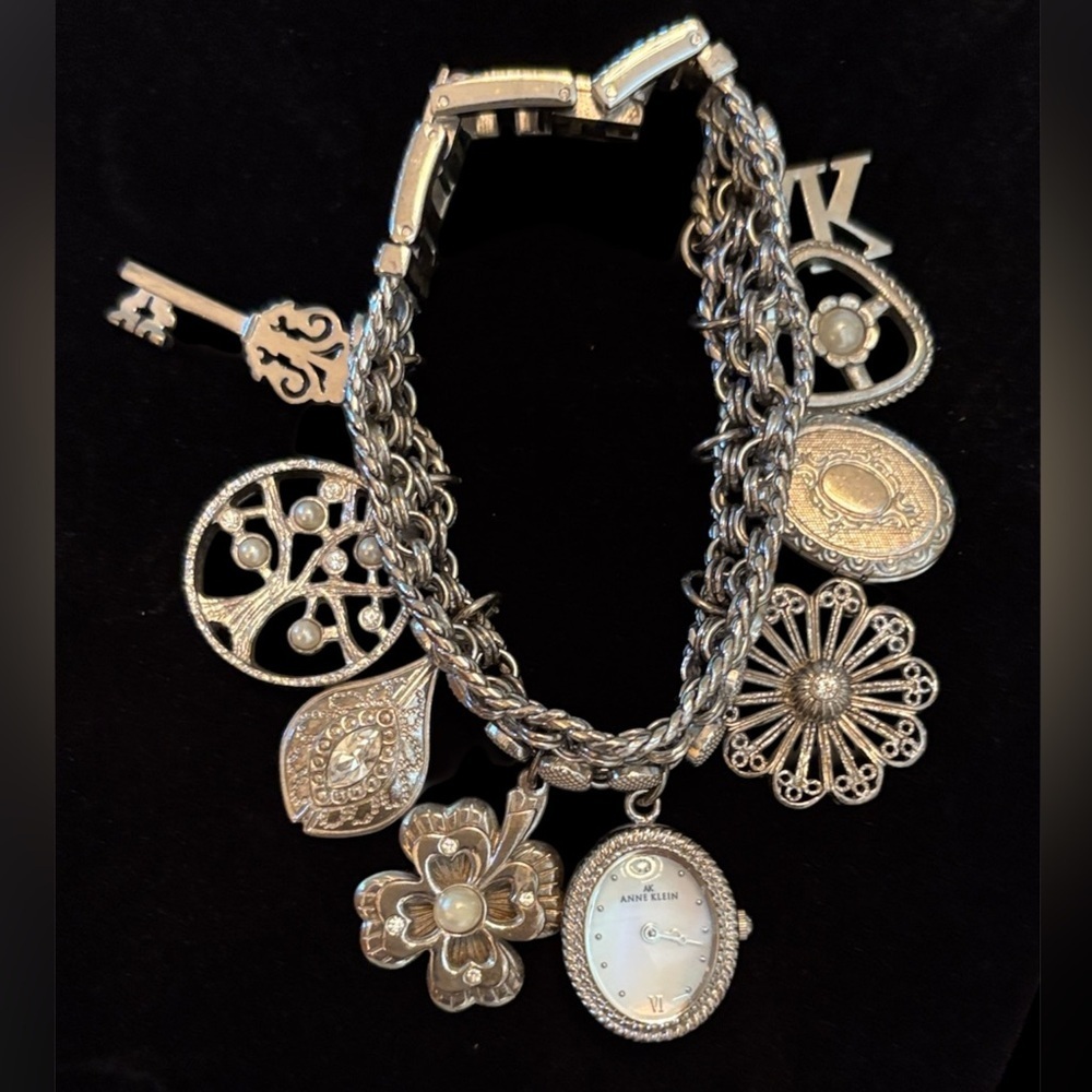 Silver Watch Charm Bracelet with Locket Key and Floral Accents
